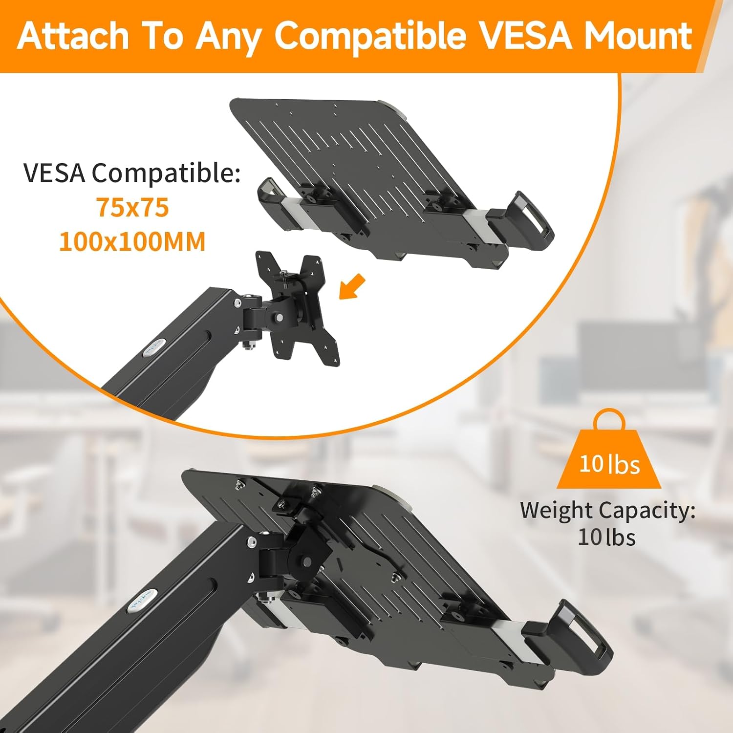 suptek Adjustable 13 to 18 inch Laptop VESA Arm Mount Tray for Monitor Arms and Stands (Tray Only),Fits 75x75/ 100x100 mm VESA Mount Holes,and Supports Weight up to 10lbs,Black(TP007)