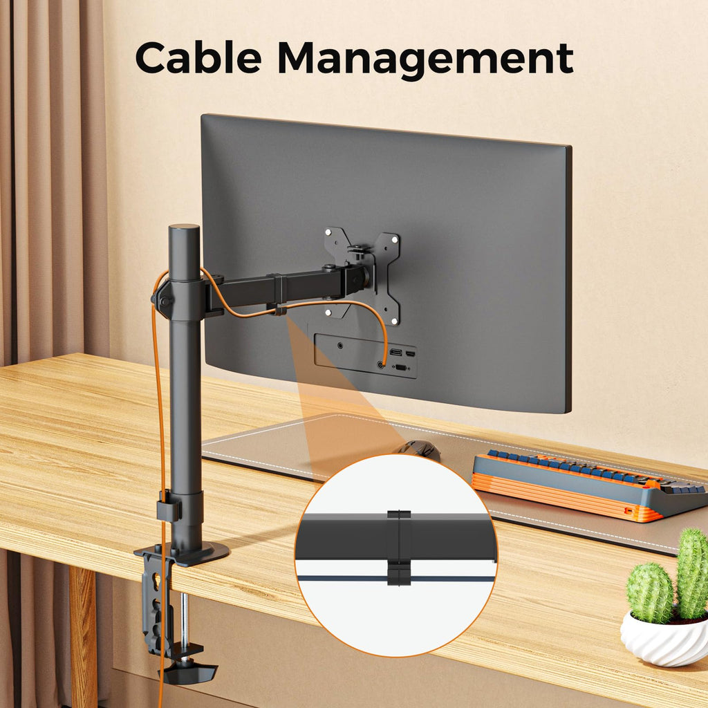suptek Single Monitor Arm for Desk Mount Stand,Adjustable Monitor Arm for 17 to 32 inch Screen, Support Weight up to 22lbs, Mounting Holes 75x75mm to 100x100mm,Pneumatic Pole Mount Arm Black