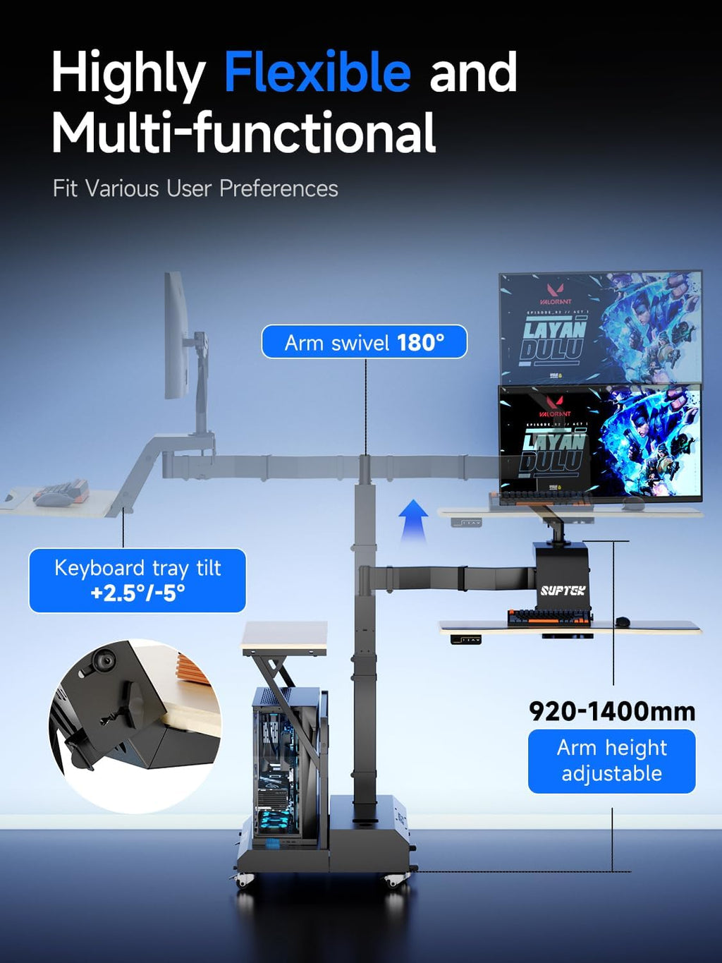 Electric Mobile Floating Gaming Standing Desk with CPU Stand & Power Strip | 920-1400mm Height Adjust, 360° Swivel Arm, Dual Layout, Fits Single/Dual Monitors, Sit-Stand-Lie Mobile Gaming Workstation
