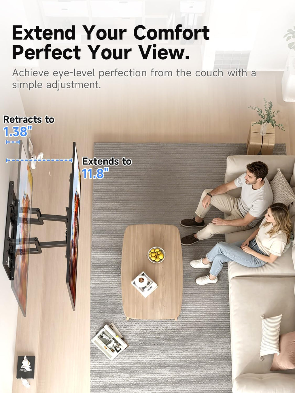Suptek Ultra Slim TV Wall Mount Full Motion for 43-90” Large Screen | 1.38in slim mount, ±45° swivel, spring anti-glare tilt, 11.8in extend, VESA 600x400, holds 132lbs media room
