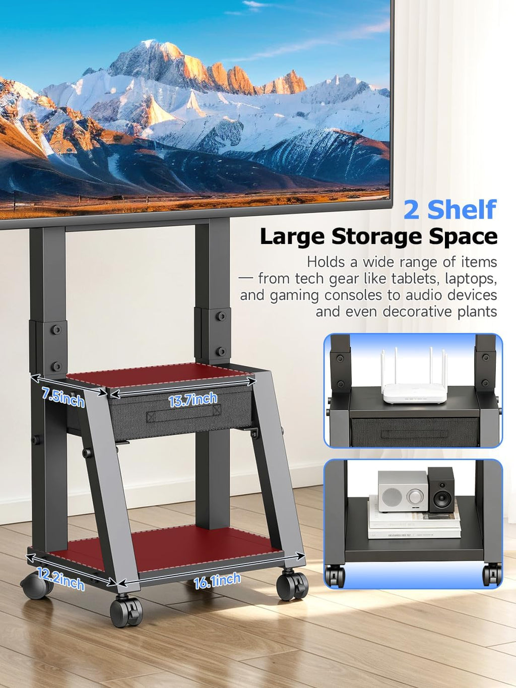 Suptek Rolling TV Stand for 32-65-75in Flat/Curved TV with Fabric Drawer | Height Adjustable Outdoor TV Stand Holds Up to 132lbs, Mobile TV Stand with Locking Wheels, TV Cart Max VESA 600x400