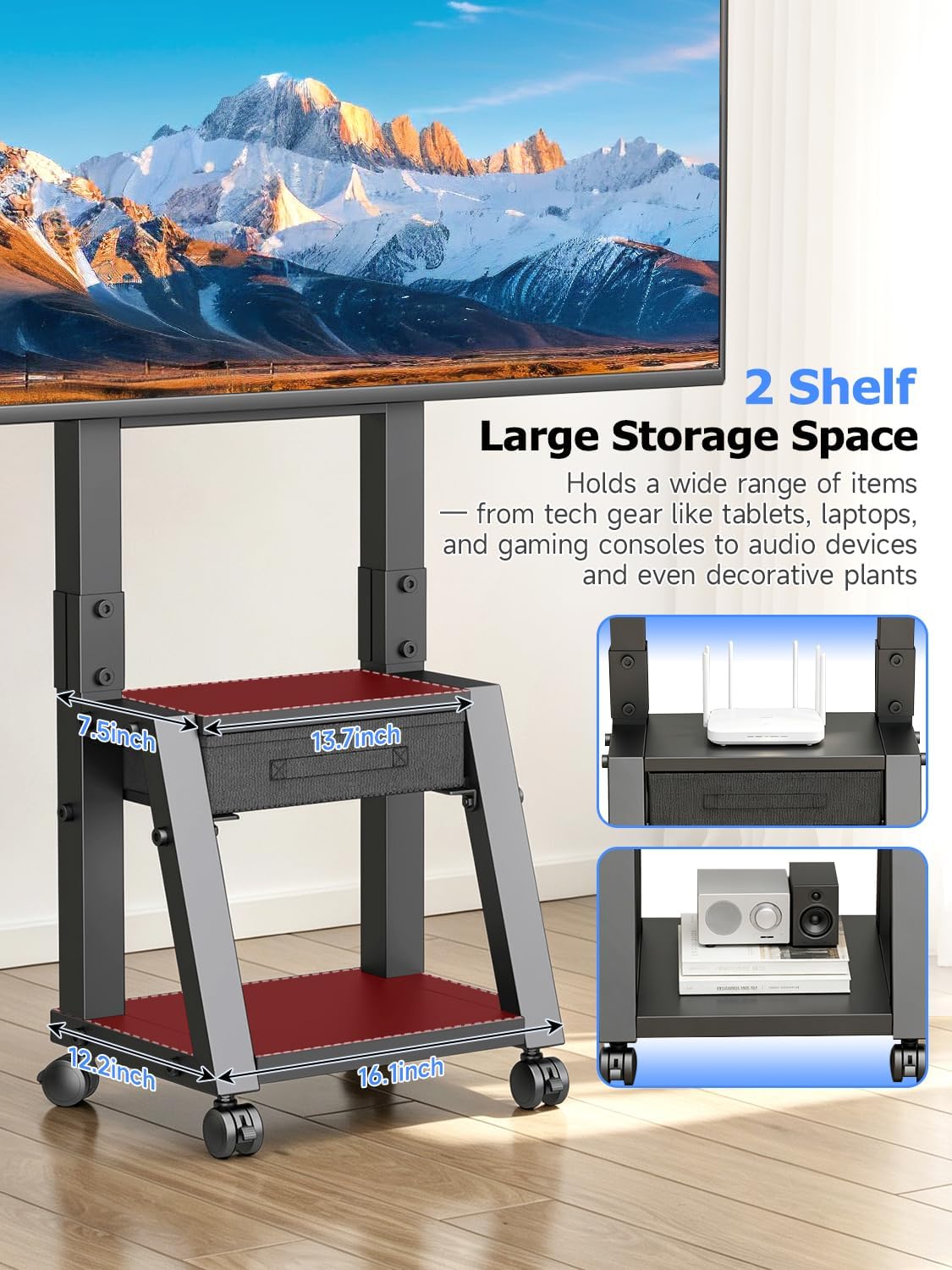 Suptek Rolling TV Stand for 32-65-75in Flat/Curved TV with Fabric Drawer | Height Adjustable Outdoor TV Stand Holds Up to 132lbs, Mobile TV Stand with Locking Wheels, TV Cart Max VESA 600x400