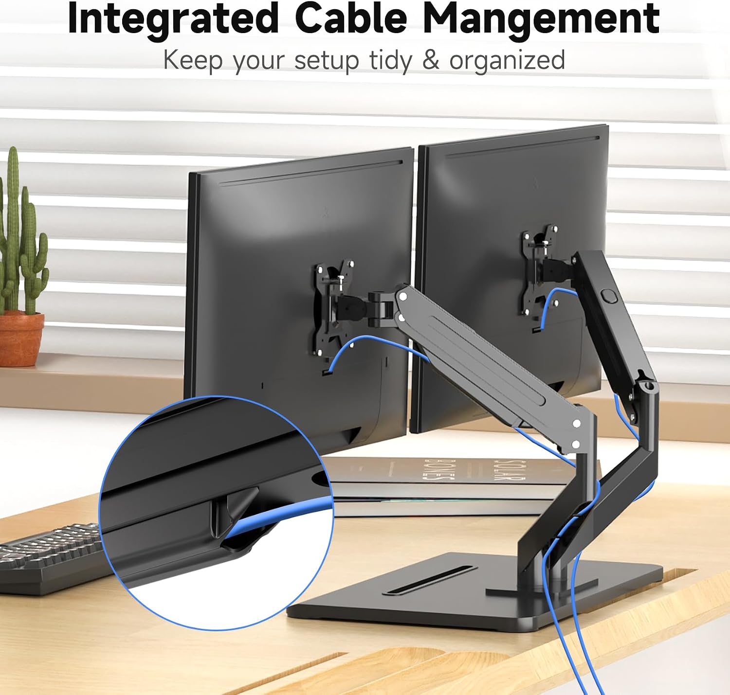 suptek Dual Monitor Mount Gas Spring Monitor Arm Desk Stand with Base,Free Standing Pneumatic Height Adjustable Monitor Stand for 17 to 34 inch,Holds up to 24.25 lbs,Black(ML8SPX)