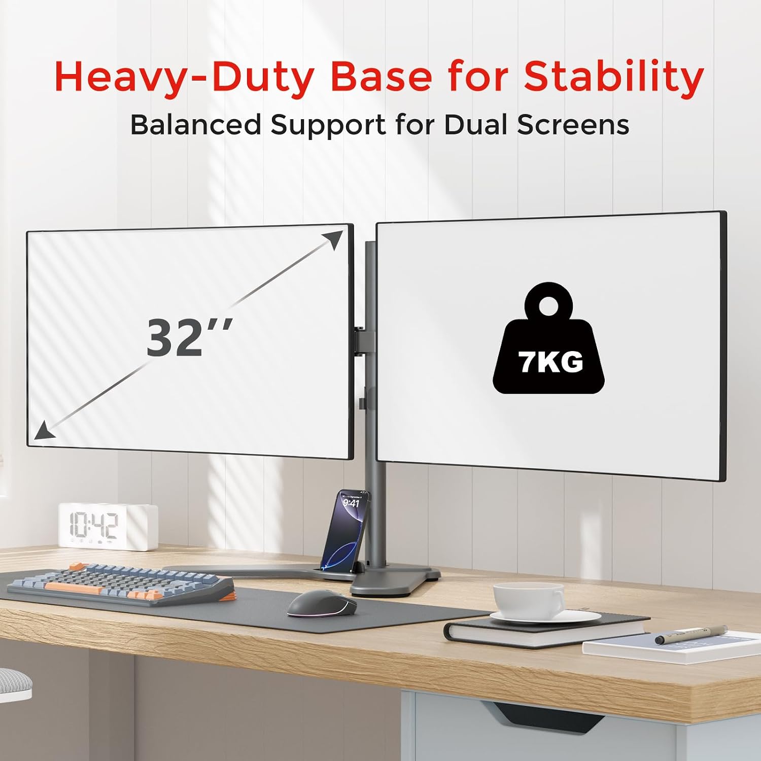 suptek Dual Monitor Mount Gas Spring Monitor Arm Desk Stand with Base,Free Standing Pneumatic Height Adjustable Monitor Stand for 17 to 34 inch,Holds up to 24.25 lbs,Black(ML8SPX)
