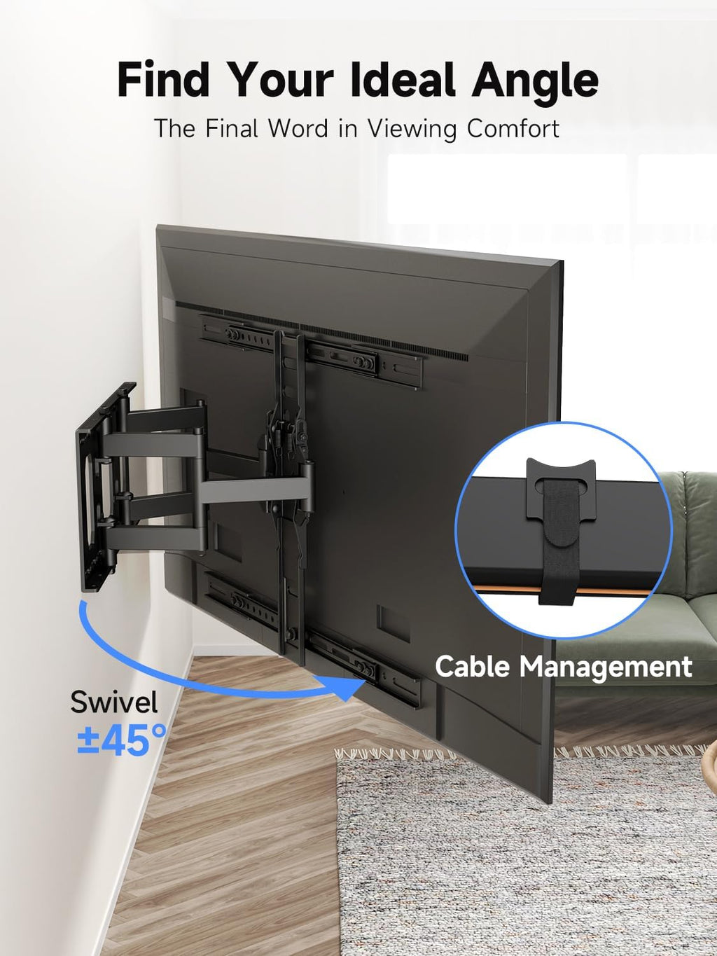 Suptek Ultra Slim TV Wall Mount Full Motion for 43-90” Large Screen | 1.38in slim mount, ±45° swivel, spring anti-glare tilt, 11.8in extend, VESA 600x400, holds 132lbs media room