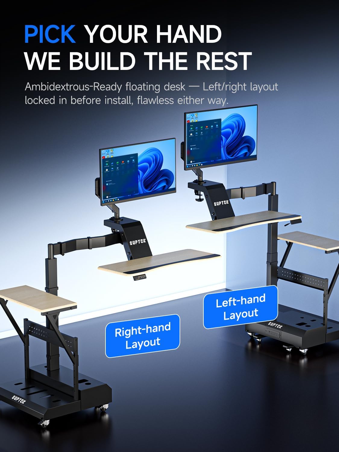 Electric Mobile Floating Gaming Standing Desk with CPU Stand & Power Strip | 920-1400mm Height Adjust, 360° Swivel Arm, Dual Layout, Fits Single/Dual Monitors, Sit-Stand-Lie Mobile Gaming Workstation