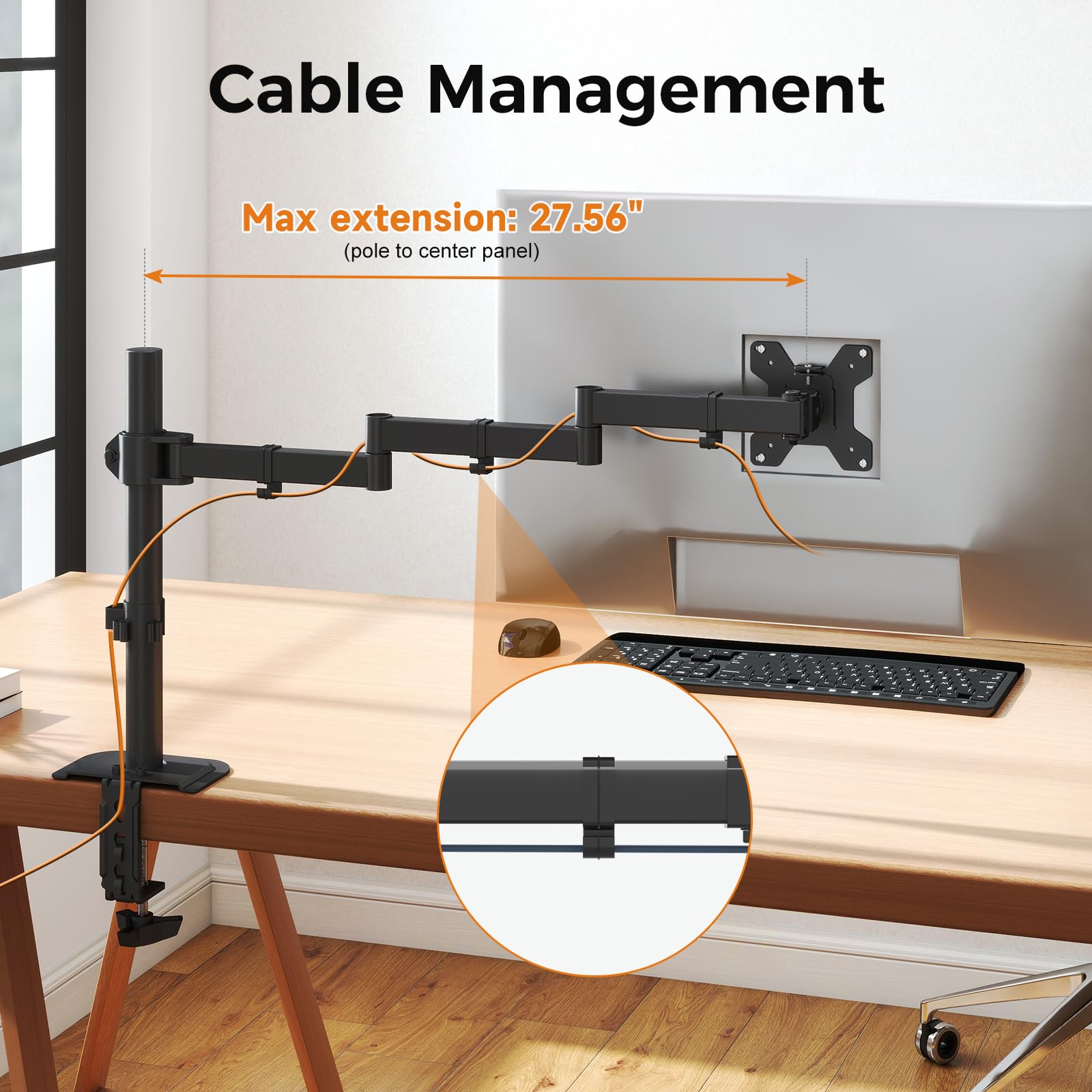 suptek Single Monitor Arm for Desk Mount Stand,Adjustable Monitor Arm for 17 to 32 inch Screen, Support Weight up to 22lbs, Mounting Holes 75x75mm to 100x100mm,Pneumatic Pole Mount Arm Black
