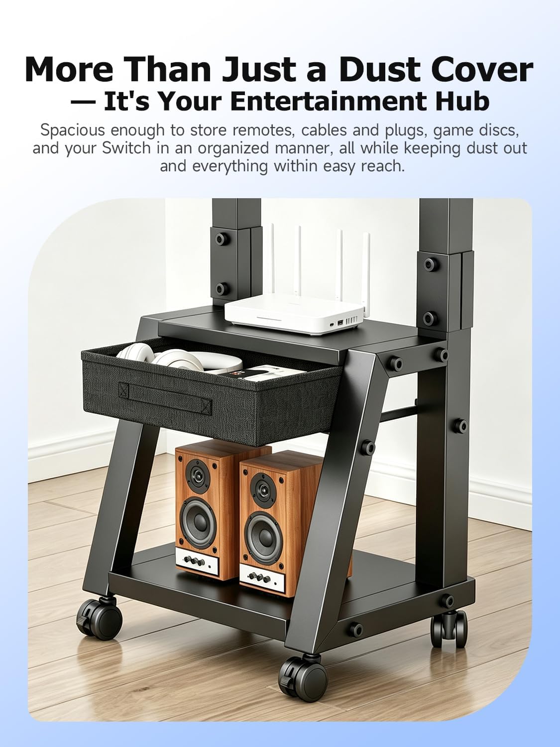 Suptek Rolling TV Stand for 32-65-75in Flat/Curved TV with Fabric Drawer | Height Adjustable Outdoor TV Stand Holds Up to 132lbs, Mobile TV Stand with Locking Wheels, TV Cart Max VESA 600x400