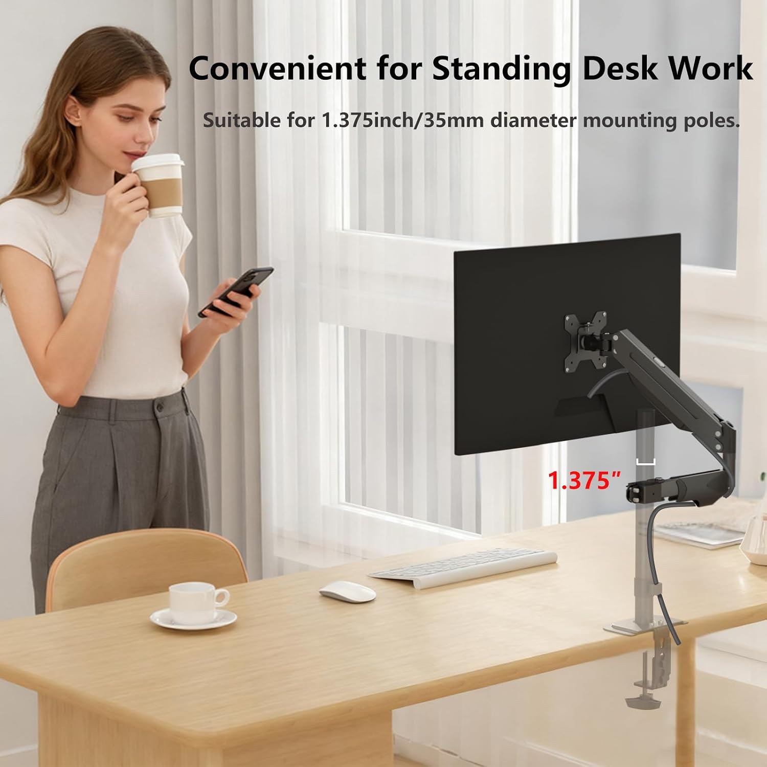 suptek Single Monitor Arm for Desk Mount Stand,Adjustable Monitor Arm for 17 to 32 inch Screen, Support Weight up to 22lbs, Mounting Holes 75x75mm to 100x100mm,Pneumatic Pole Mount Arm Black