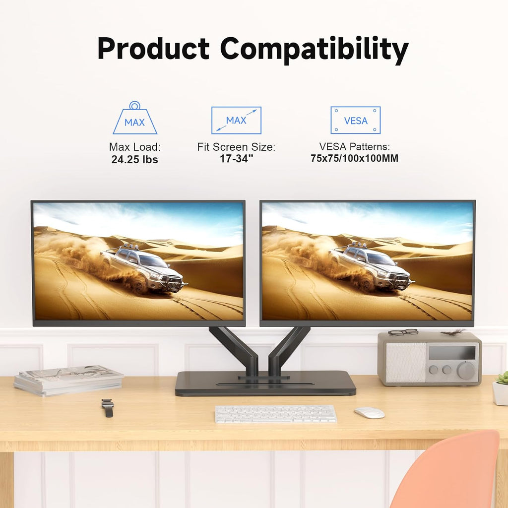 suptek Dual Monitor Mount Gas Spring Monitor Arm Desk Stand with Base,Free Standing Pneumatic Height Adjustable Monitor Stand for 17 to 34 inch,Holds up to 24.25 lbs,Black(ML8SPX)