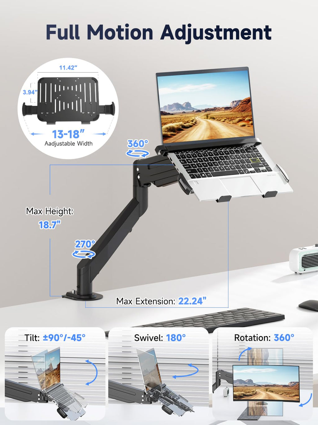 Suptek Monitor Laptop Mount Stand, 2 in 1 Function Dual Monitor Arms Desk Mount for 13"-18" Notebook and 17"-32" Monitor with Laptop Tray,Holds up to 22lbs