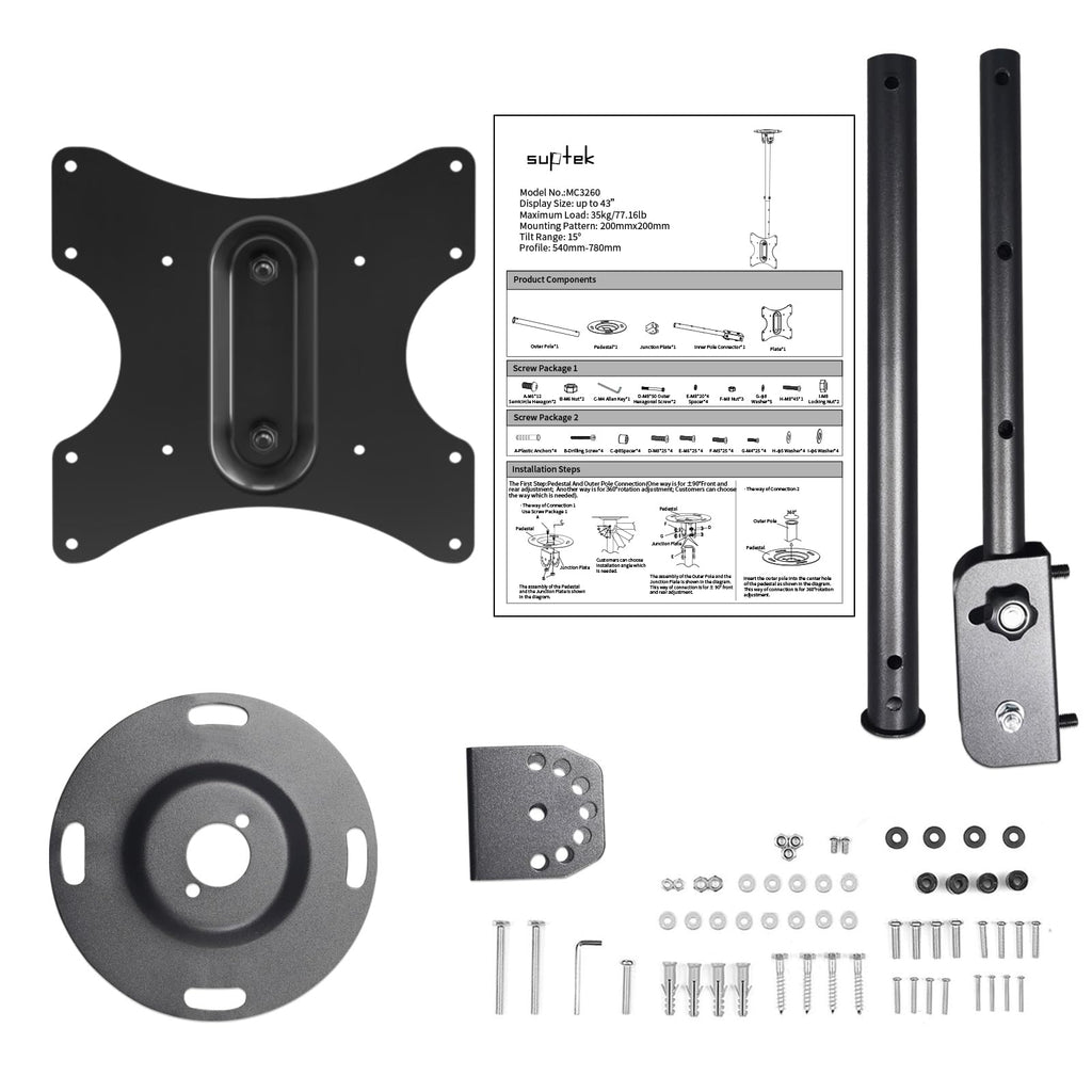 Suptek Ceiling TV Mount Fits Most 26-65 inch LCD LED Plasma Panel Display with Max VESA 400x400mm Loaded up to 45kg/100lbs Height Adjustable MC4602