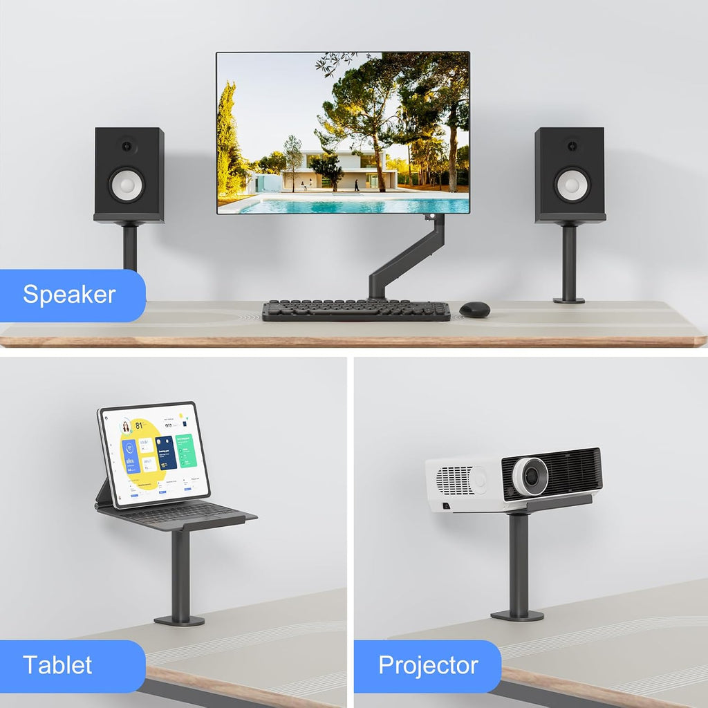 suptek Small Clamp-on Speaker Stand Desk Mount Set, Tilt, Swivel, 7.8 x 6.5 inch Trays, Universal Audio Holders for Computer and Bookshelf Speakers, Elevated Sound, 2 Pack, Black, SDM001SFX