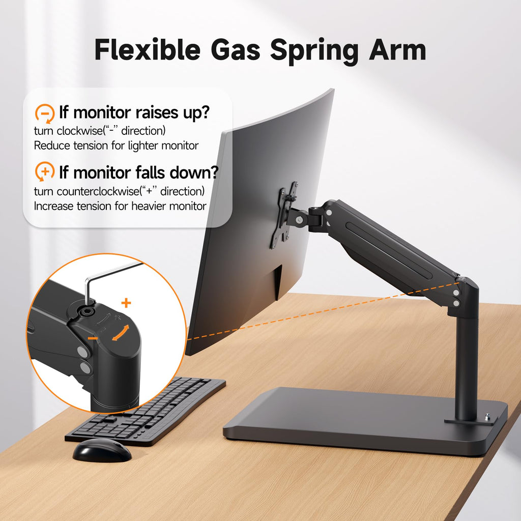 suptek Single Monitor Mount Gas Spring Arm Mount with Base,Free standing Pneumatic Height Adjustable Monitor Desk Stand for 17 to 35 inch,Holds up to 24.25lbs,Black(ML8XC)