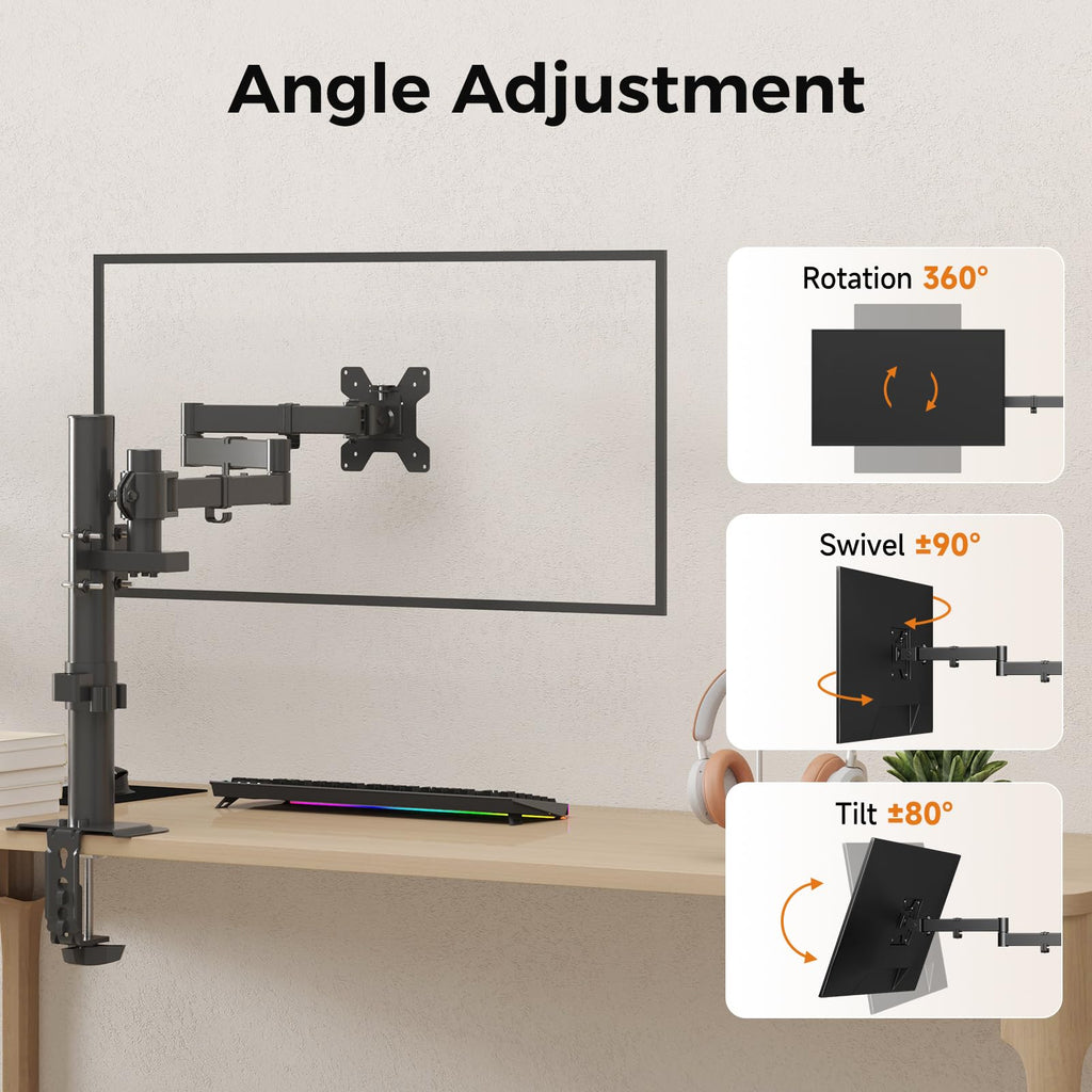 suptek Single Monitor Arm for Desk Mount Stand,Adjustable Monitor Arm for 17 to 32 inch Screen, Support Weight up to 22lbs, Mounting Holes 75x75mm to 100x100mm,Pneumatic Pole Mount Arm Black
