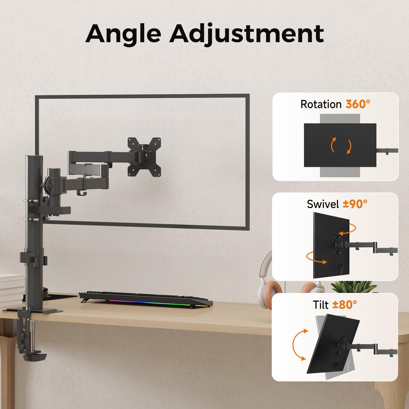 suptek Single Monitor Arm for Desk Mount Stand,Adjustable Monitor Arm for 17 to 32 inch Screen, Support Weight up to 22lbs, Mounting Holes 75x75mm to 100x100mm,Pneumatic Pole Mount Arm Black