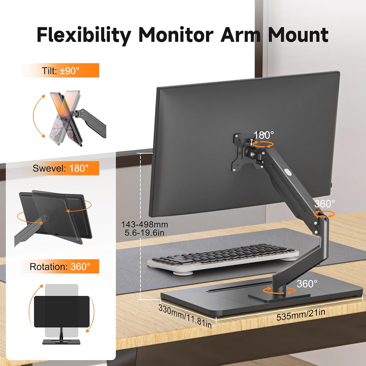 suptek Single Monitor Mount Gas Spring Arm Mount with Base,Free standing Pneumatic Height Adjustable Monitor Desk Stand for 17 to 35 inch,Holds up to 24.25lbs,Black(ML8XC)