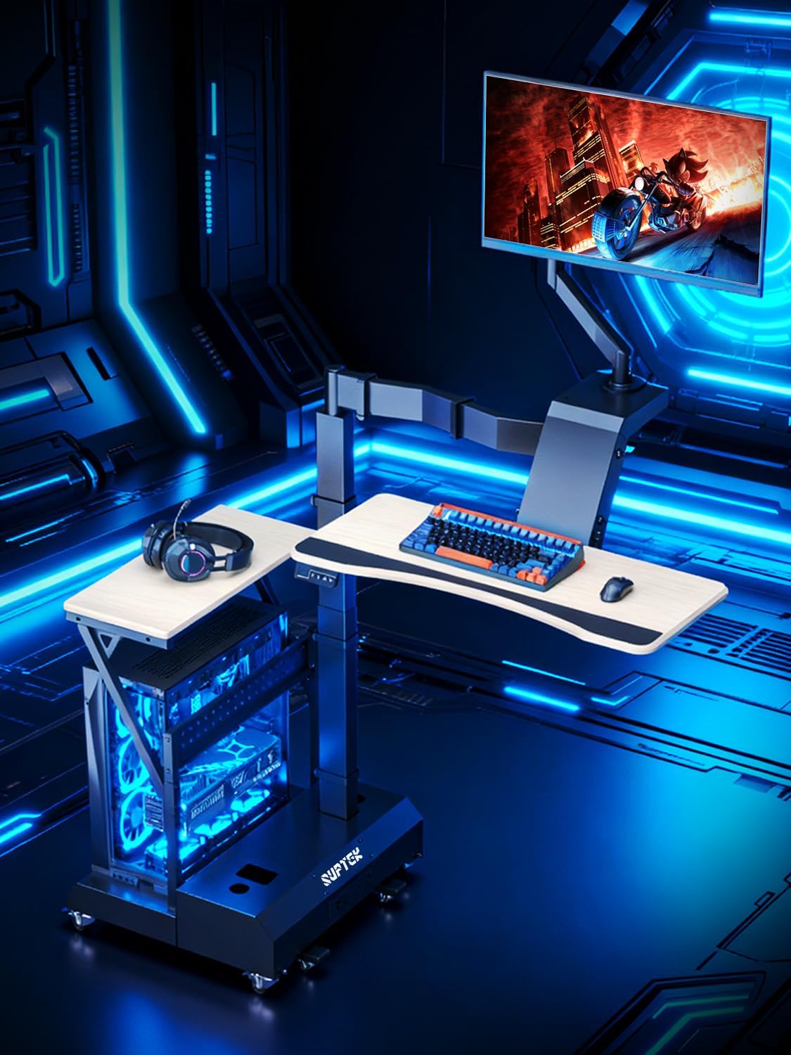 Electric Mobile Floating Gaming Standing Desk with CPU Stand & Power Strip | 920-1400mm Height Adjust, 360° Swivel Arm, Dual Layout, Fits Single/Dual Monitors, Sit-Stand-Lie Mobile Gaming Workstation