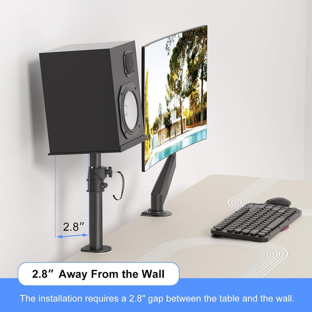 suptek Small Clamp-on Speaker Stand Desk Mount Set, Tilt, Swivel, 7.8 x 6.5 inch Trays, Universal Audio Holders for Computer and Bookshelf Speakers, Elevated Sound, 2 Pack, Black, SDM001SFX