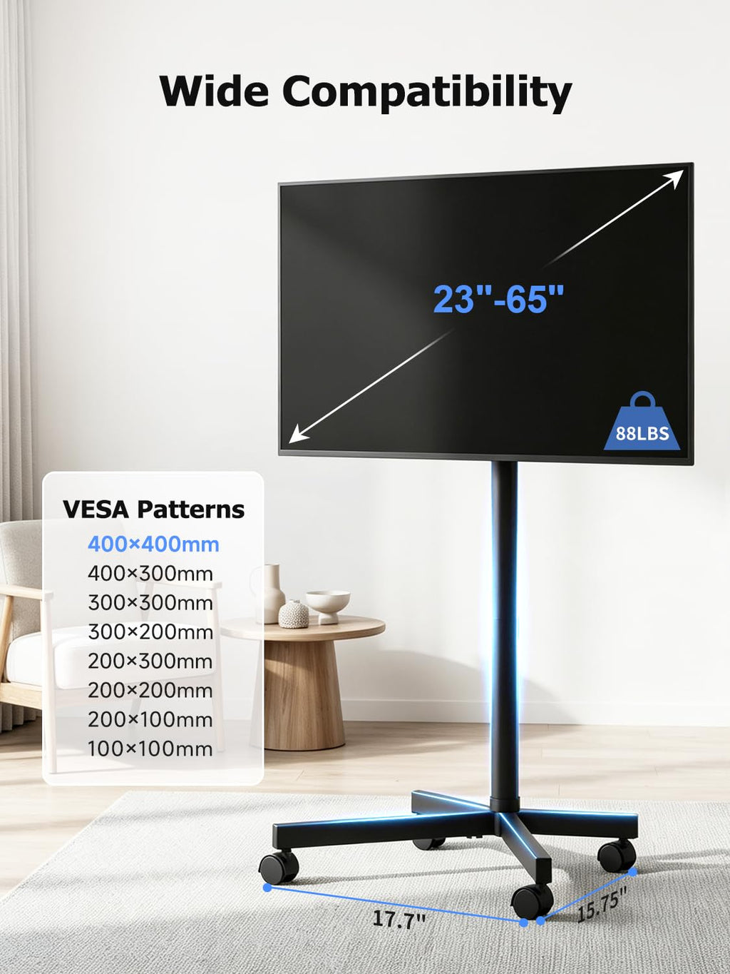Suptek Rolling TV Stand Height Adjustable for 23-55-65 Inch LCD LED TV | Tilt Mobile TV Stand Holds up to 88lbs, Outdoor TV Stands Wheels with Shelf, Portable TV Stand for Living Room VESA 400x400