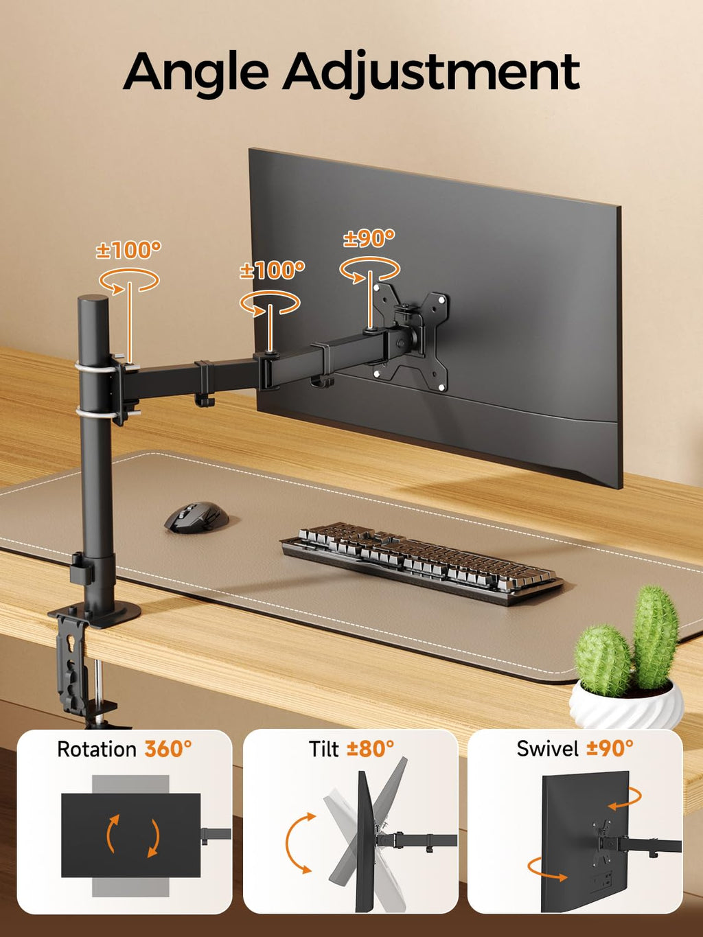 suptek Single Monitor Arm for Desk Mount Stand,Adjustable Monitor Arm for 17 to 32 inch Screen, Support Weight up to 22lbs, Mounting Holes 75x75mm to 100x100mm,Pneumatic Pole Mount Arm Black