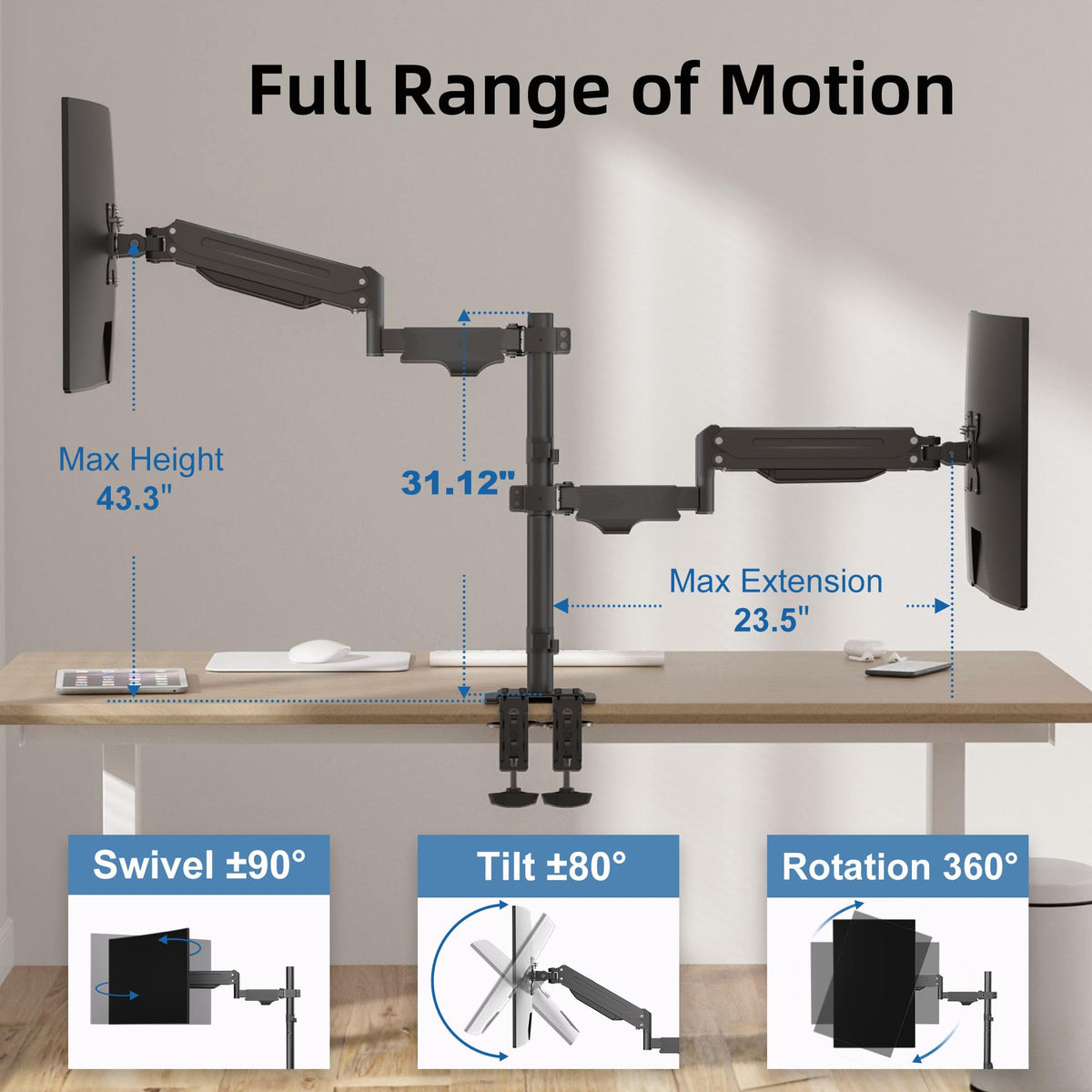 suptek Triple Monitor Mount for Most 17 to 32 inch Screens,Gas Springs Adjustment Triple Monitor Desk Mount Stand with Clamp & Grommet Kit,Black(MD8003)