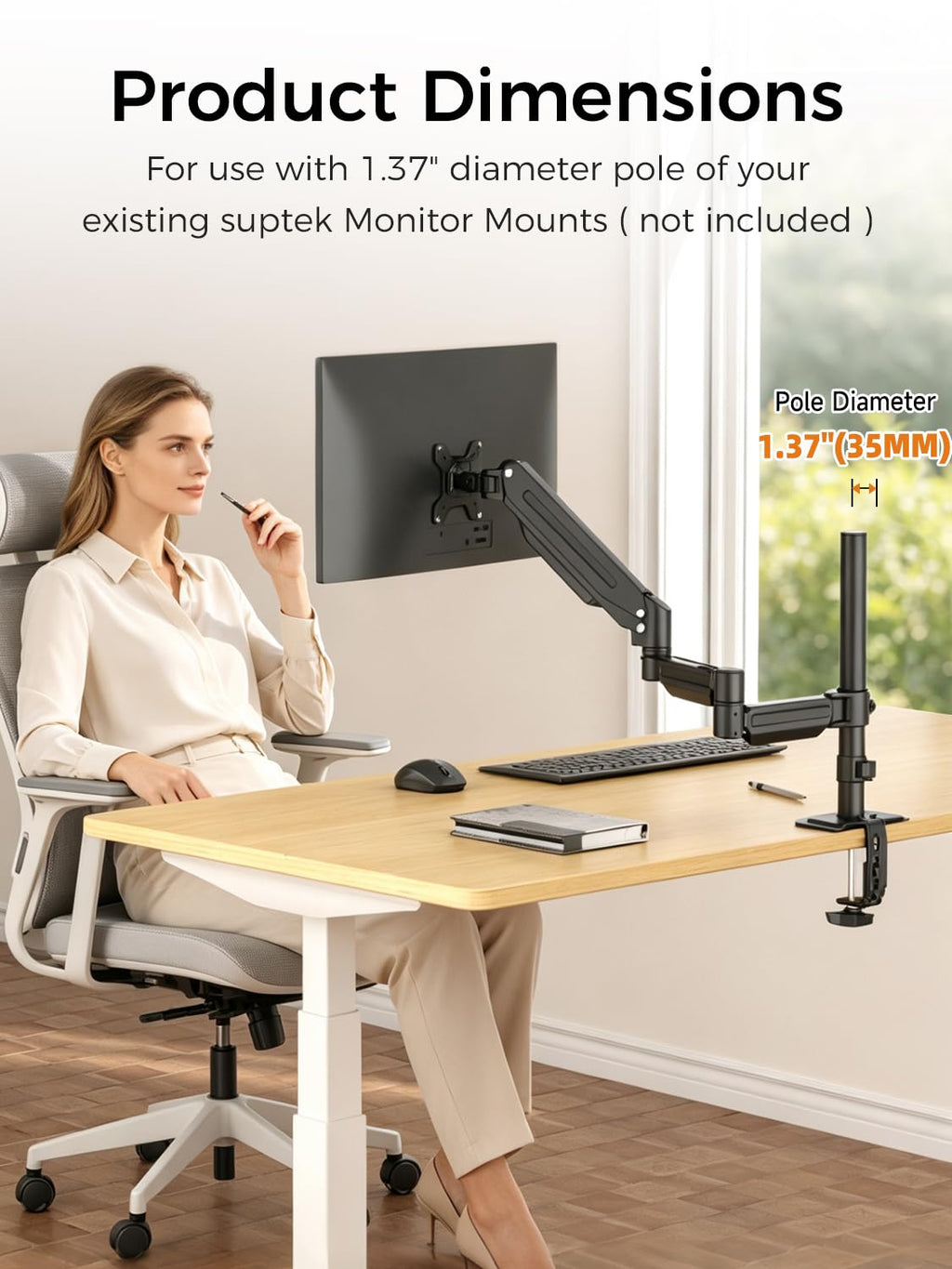 suptek Single Monitor Arm for Desk Mount Stand,Adjustable Monitor Arm for 17 to 32 inch Screen, Support Weight up to 22lbs, Mounting Holes 75x75mm to 100x100mm,Pneumatic Pole Mount Arm Black