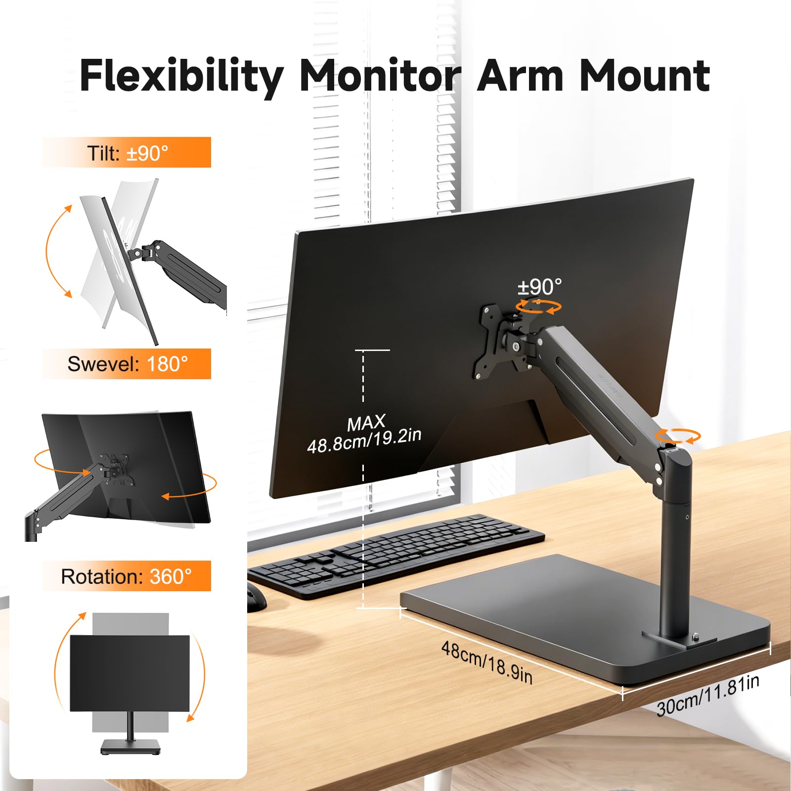 suptek Single Monitor Mount Gas Spring Arm Mount with Base,Free standing Pneumatic Height Adjustable Monitor Desk Stand for 17 to 35 inch,Holds up to 24.25lbs,Black(ML8XC)