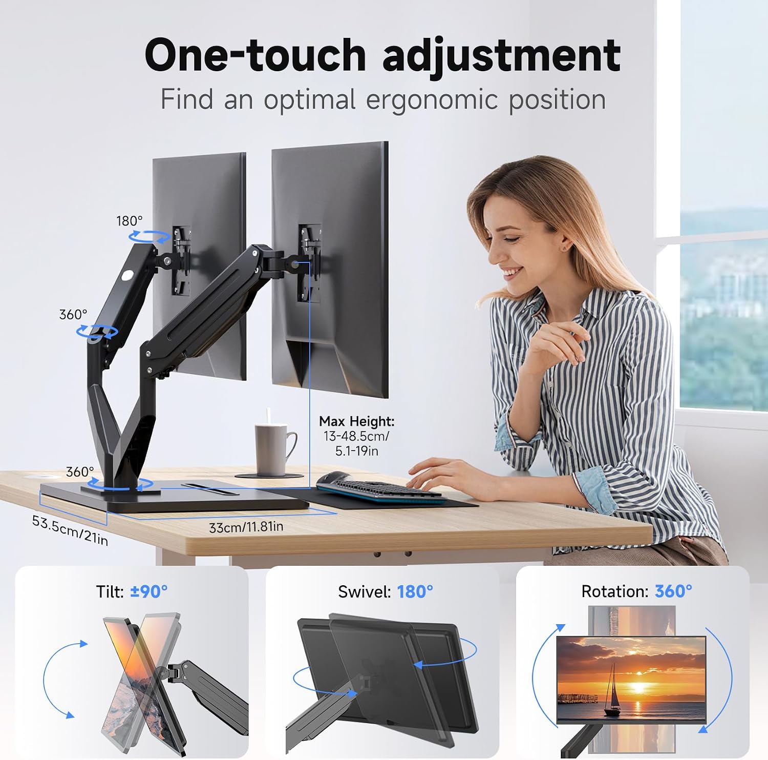 suptek Dual Monitor Mount Gas Spring Monitor Arm Desk Stand with Base,Free Standing Pneumatic Height Adjustable Monitor Stand for 17 to 34 inch,Holds up to 24.25 lbs,Black(ML8SPX)
