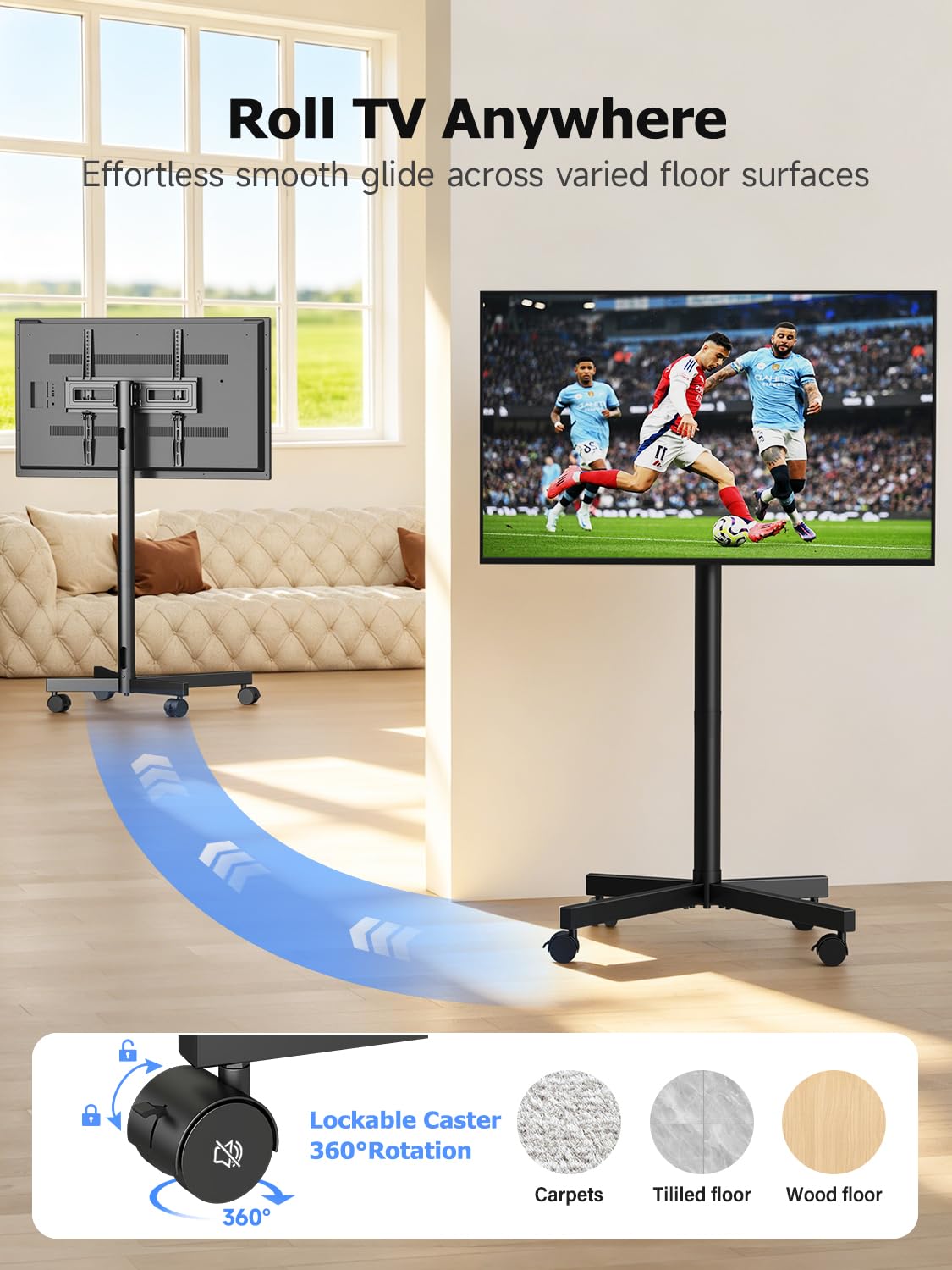 Suptek Rolling TV Stand Height Adjustable for 23-55-65 Inch LCD LED TV | Tilt Mobile TV Stand Holds up to 88lbs, Outdoor TV Stands Wheels with Shelf, Portable TV Stand for Living Room VESA 400x400