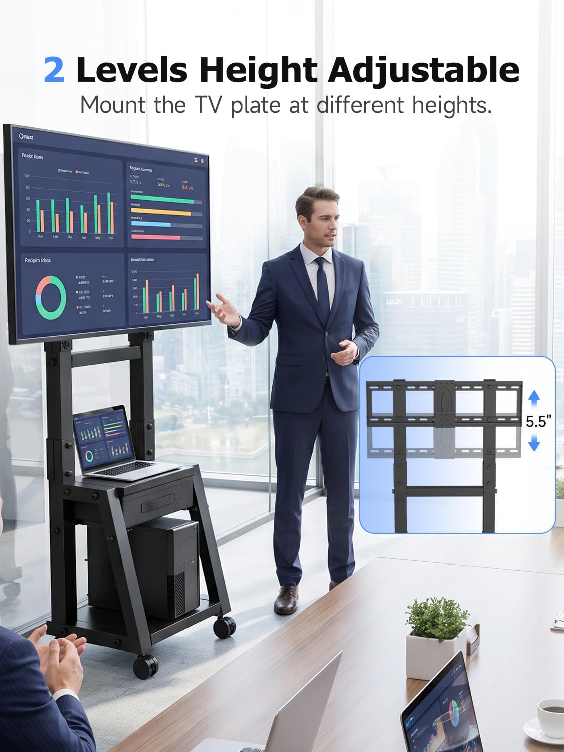 Suptek Rolling TV Stand for 32-65-75in Flat/Curved TV with Fabric Drawer | Height Adjustable Outdoor TV Stand Holds Up to 132lbs, Mobile TV Stand with Locking Wheels, TV Cart Max VESA 600x400