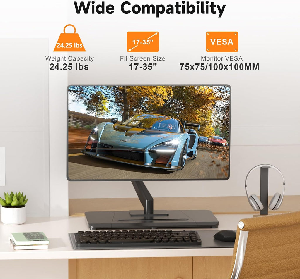 suptek Single Monitor Mount Gas Spring Arm Mount with Base,Free standing Pneumatic Height Adjustable Monitor Desk Stand for 17 to 35 inch,Holds up to 24.25lbs,Black(ML8XC)