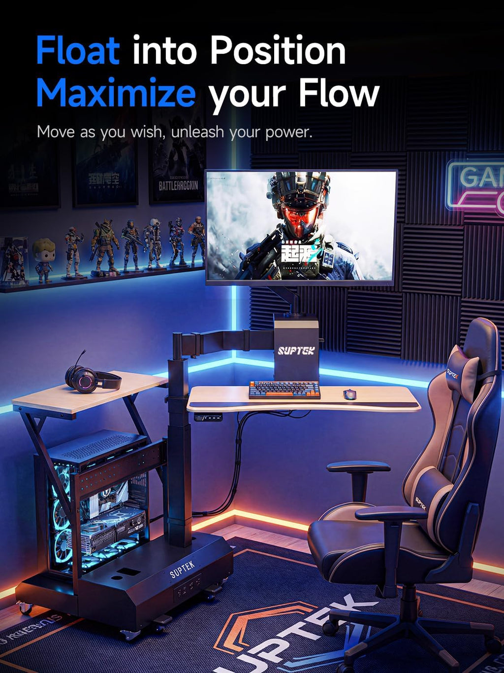 Electric Mobile Floating Gaming Standing Desk with CPU Stand & Power Strip | 920-1400mm Height Adjust, 360° Swivel Arm, Dual Layout, Fits Single/Dual Monitors, Sit-Stand-Lie Mobile Gaming Workstation
