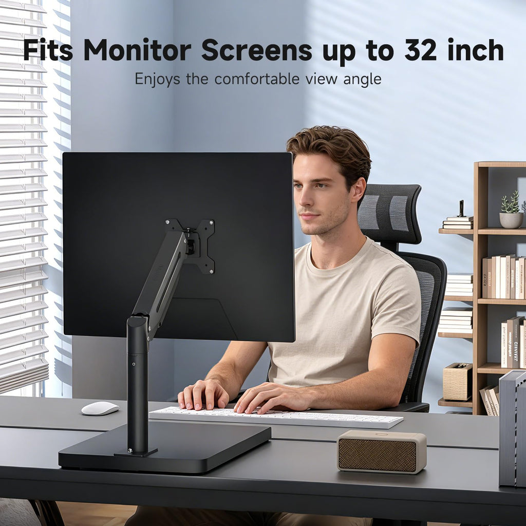 suptek Single Monitor Mount Gas Spring Arm Mount with Base,Free standing Pneumatic Height Adjustable Monitor Desk Stand for 17 to 35 inch,Holds up to 24.25lbs,Black(ML8XC)