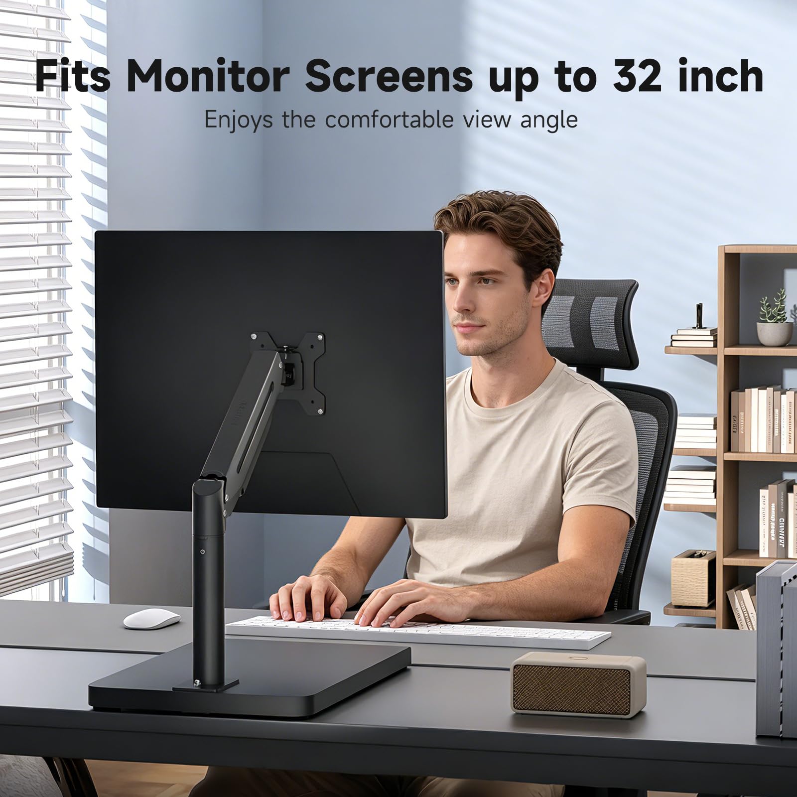 suptek Single Monitor Mount Gas Spring Arm Mount with Base,Free standing Pneumatic Height Adjustable Monitor Desk Stand for 17 to 35 inch,Holds up to 24.25lbs,Black(ML8XC)