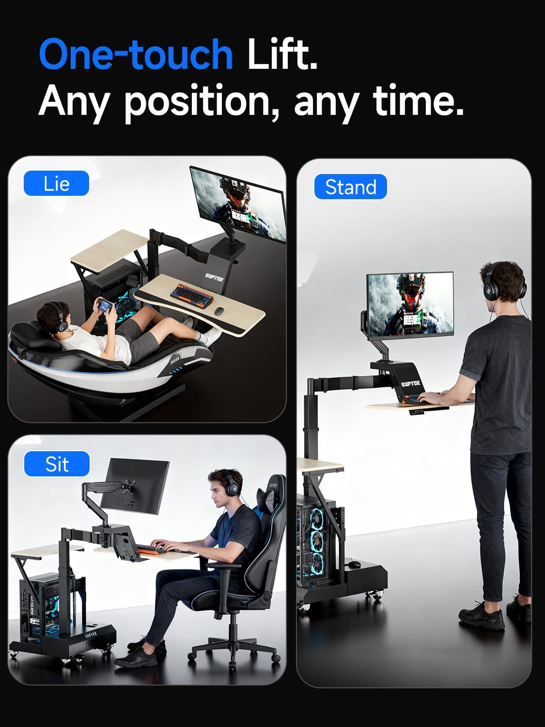 Electric Mobile Floating Gaming Standing Desk with CPU Stand & Power Strip | 920-1400mm Height Adjust, 360° Swivel Arm, Dual Layout, Fits Single/Dual Monitors, Sit-Stand-Lie Mobile Gaming Workstation