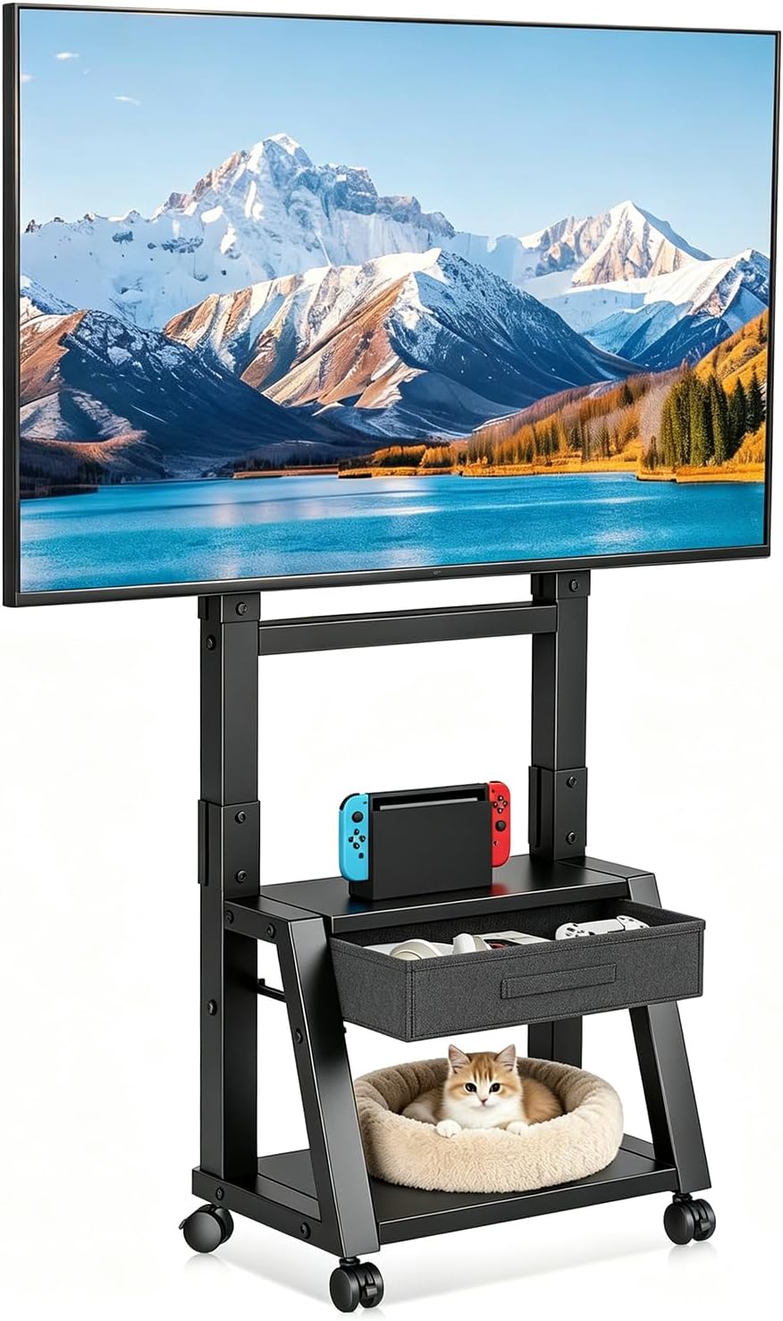 Suptek Rolling TV Stand for 32-65-75in Flat/Curved TV with Fabric Drawer | Height Adjustable Outdoor TV Stand Holds Up to 132lbs, Mobile TV Stand with Locking Wheels, TV Cart Max VESA 600x400