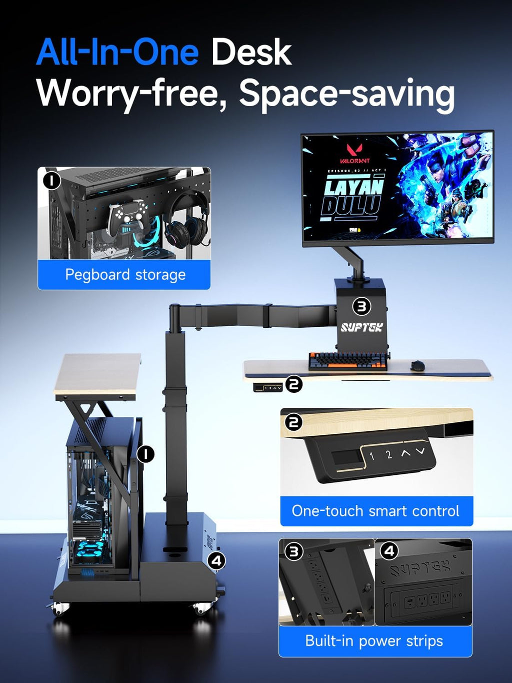 Electric Mobile Floating Gaming Standing Desk with CPU Stand & Power Strip | 920-1400mm Height Adjust, 360° Swivel Arm, Dual Layout, Fits Single/Dual Monitors, Sit-Stand-Lie Mobile Gaming Workstation