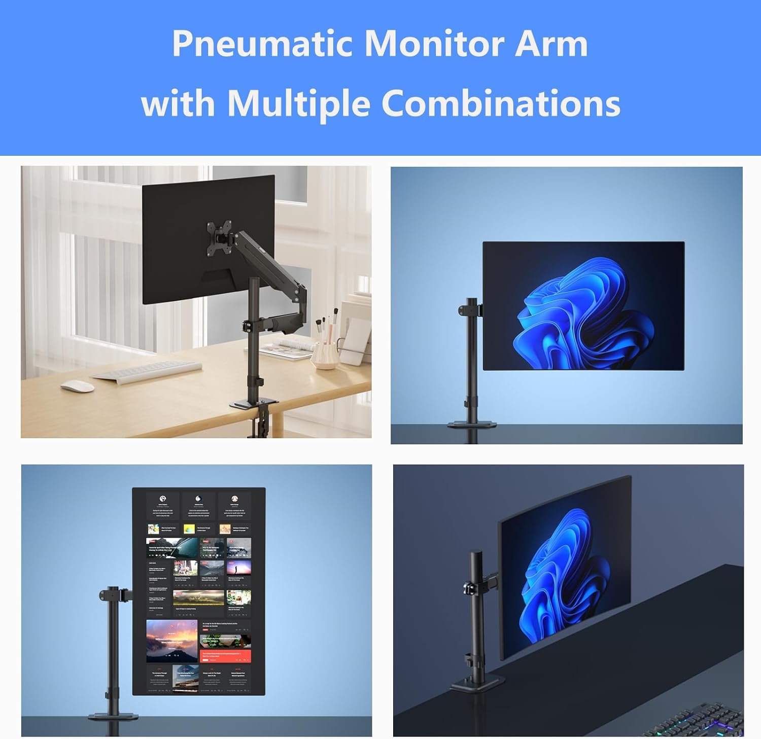 suptek Single Monitor Arm for Desk Mount Stand,Adjustable Monitor Arm for 17 to 32 inch Screen, Support Weight up to 22lbs, Mounting Holes 75x75mm to 100x100mm,Pneumatic Pole Mount Arm Black