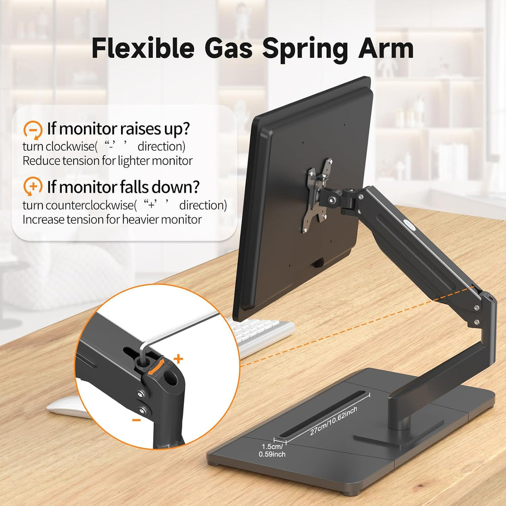 suptek Single Monitor Mount Gas Spring Arm Mount with Base,Free standing Pneumatic Height Adjustable Monitor Desk Stand for 17 to 35 inch,Holds up to 24.25lbs,Black(ML8XC)