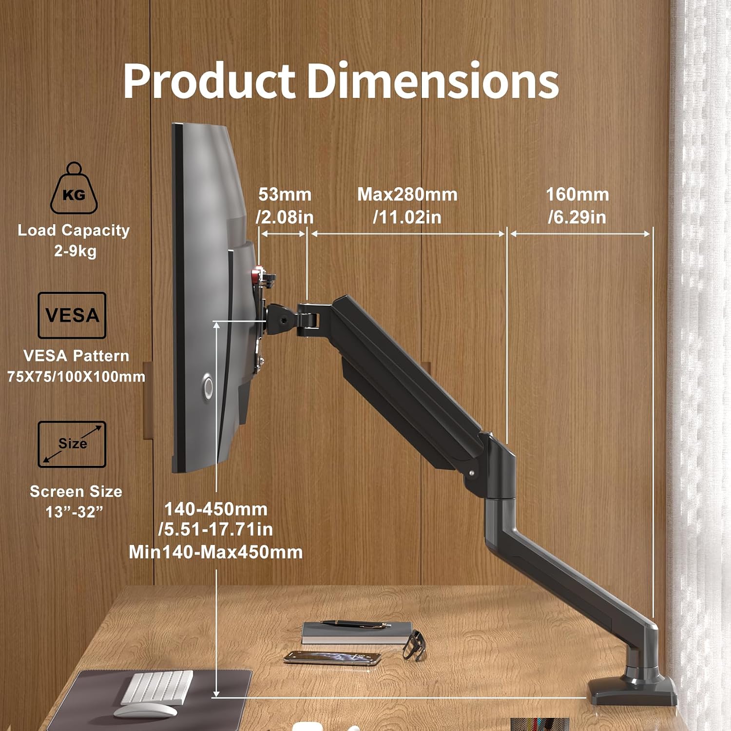 suptek Single Monitor Arm Mount for 13-32 inch, Adjustable Gas Spring Monitor Arm Desk Mount Stand for 4.4-19.8lbs, with VESA Mount 75x75/100x100mm