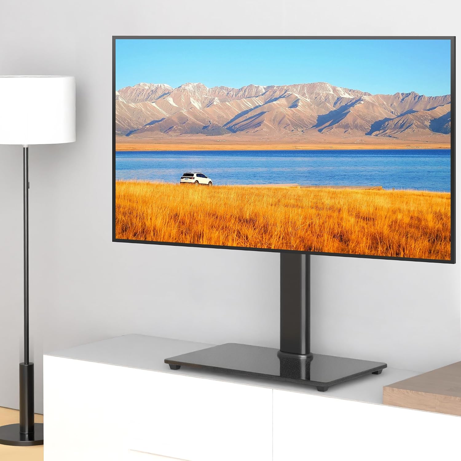 Suptek Universal Swivel Table Top TV Stand for 26-60 inch LED OLED Flat Curved Screens, Height Adjustable TV Mount Stand with Glass Base Hold up to 99lbs, Max VESA 400x400mm,TS202