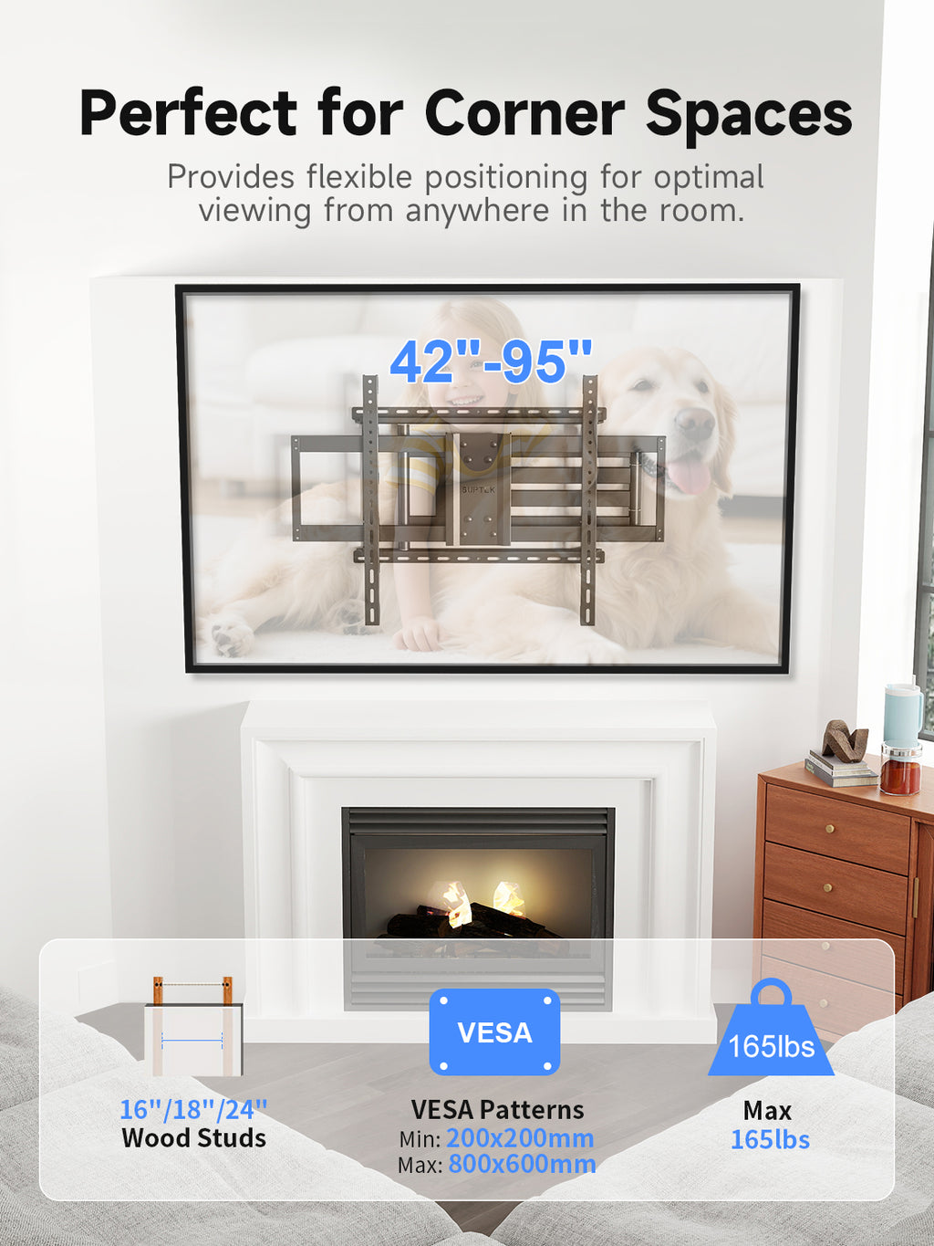 Suptek 41.3" Long Arm TV Wall Mount for 42-100" TVs Holds up to 176lbs-Long Arm TV Mount Swivel ±90° & Tilt ±10° & Level ±5°, 3 Level Height Adjustment, Max VESA 800x600mm, Fits 16"/18"/24" Stud MA90APRO