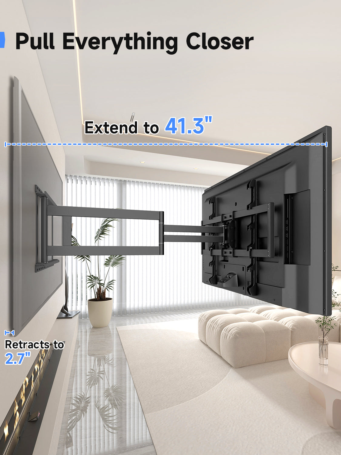Suptek 41.3" Long Arm TV Wall Mount for 42-100" TVs Holds up to 176lbs-Long Arm TV Mount Swivel ±90° & Tilt ±10° & Level ±5°, 3 Level Height Adjustment, Max VESA 800x600mm, Fits 16"/18"/24" Stud MA90APRO