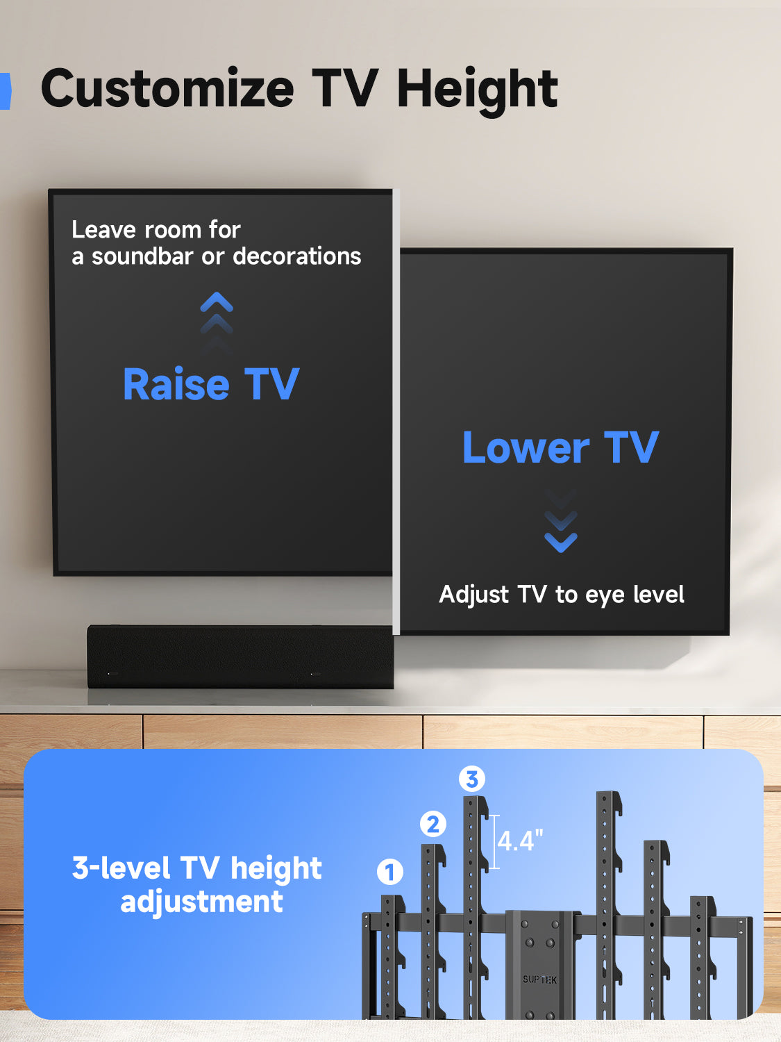 Suptek 41.3" Long Arm TV Wall Mount for 42-100" TVs Holds up to 176lbs-Long Arm TV Mount Swivel ±90° & Tilt ±10° & Level ±5°, 3 Level Height Adjustment, Max VESA 800x600mm, Fits 16"/18"/24" Stud MA90APRO
