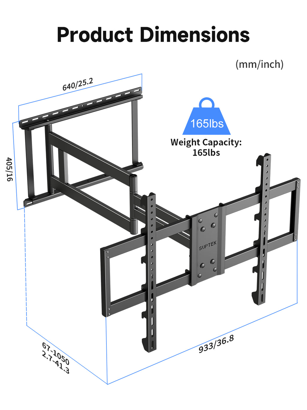 Suptek 41.3" Long Arm TV Wall Mount for 42-100" TVs Holds up to 176lbs-Long Arm TV Mount Swivel ±90° & Tilt ±10° & Level ±5°, 3 Level Height Adjustment, Max VESA 800x600mm, Fits 16"/18"/24" Stud MA90APRO