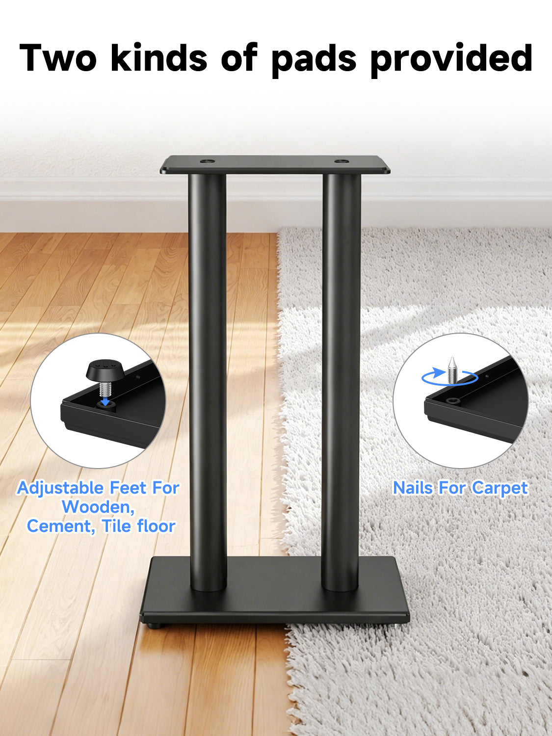 suptek 23.44" Universal Speaker Stand Pair - Double Tubes Heavy Duty Bookshelf Floor Speaker Stands Support 55lbs, Sturdy Base for Studio Monitors, PC, Gaming & Home Audio, Black, SDM003XLH