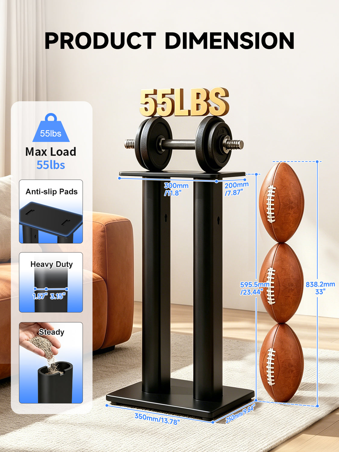 suptek 23.44" Universal Speaker Stand Pair - Double Tubes Heavy Duty Bookshelf Floor Speaker Stands Support 55lbs, Sturdy Base for Studio Monitors, PC, Gaming & Home Audio, Black, SDM003XLH