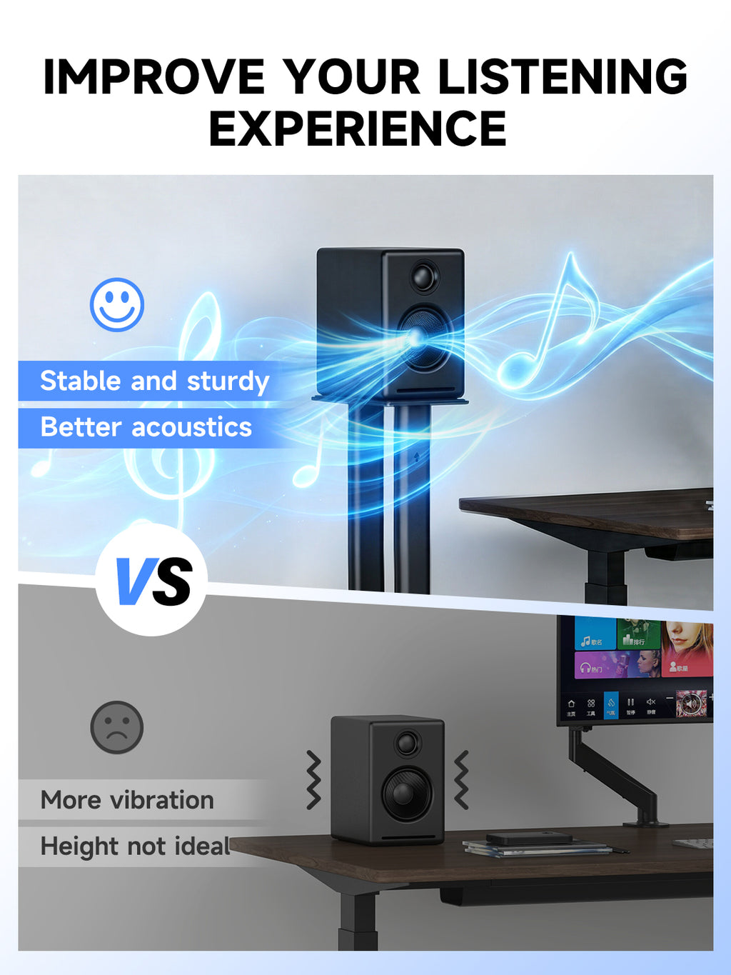 suptek 23.44" Universal Speaker Stand Pair - Double Tubes Heavy Duty Bookshelf Floor Speaker Stands Support 55lbs, Sturdy Base for Studio Monitors, PC, Gaming & Home Audio, Black, SDM003XLH