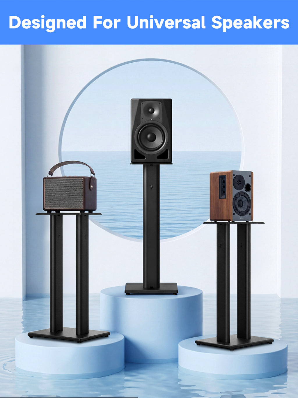 suptek 23.44" Universal Speaker Stand Pair - Double Tubes Heavy Duty Bookshelf Floor Speaker Stands Support 55lbs, Sturdy Base for Studio Monitors, PC, Gaming & Home Audio, Black, SDM003XLH